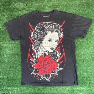 Vintage Y2K FATAL Pin Up Tattoo T-Shirt Faded Black M Tribal Skater Punk Gothic